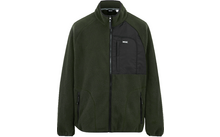 Chaqueta de forro polar verde con bolsillo negro en el pecho y cremallera