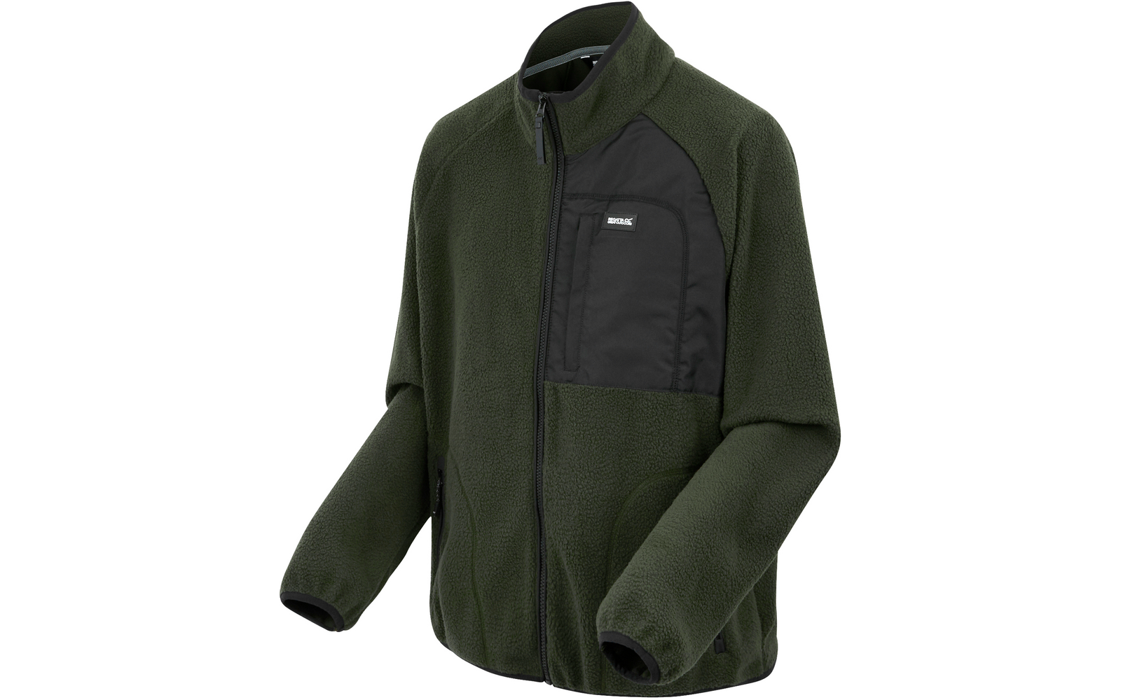 Grüne Fleecejacke mit schwarzer Brusttasche und Reißverschluss