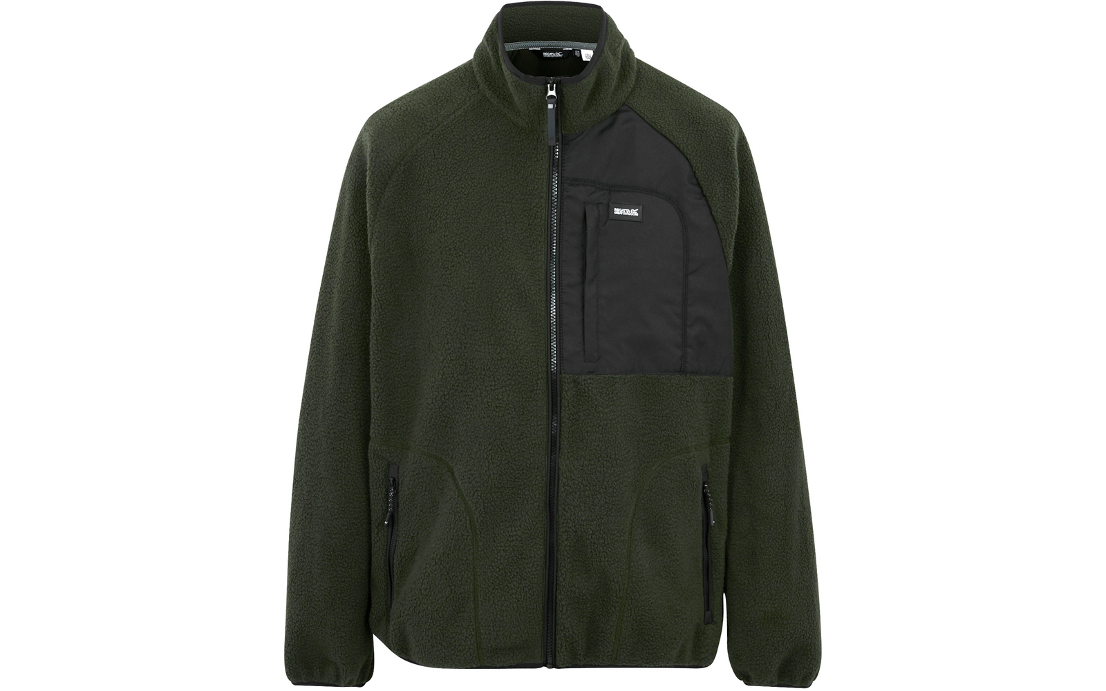 Grüne Fleecejacke mit schwarzer Brusttasche und Reißverschluss