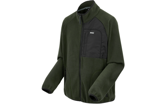 Grüne Fleecejacke mit schwarzer Brusttasche und Reißverschluss