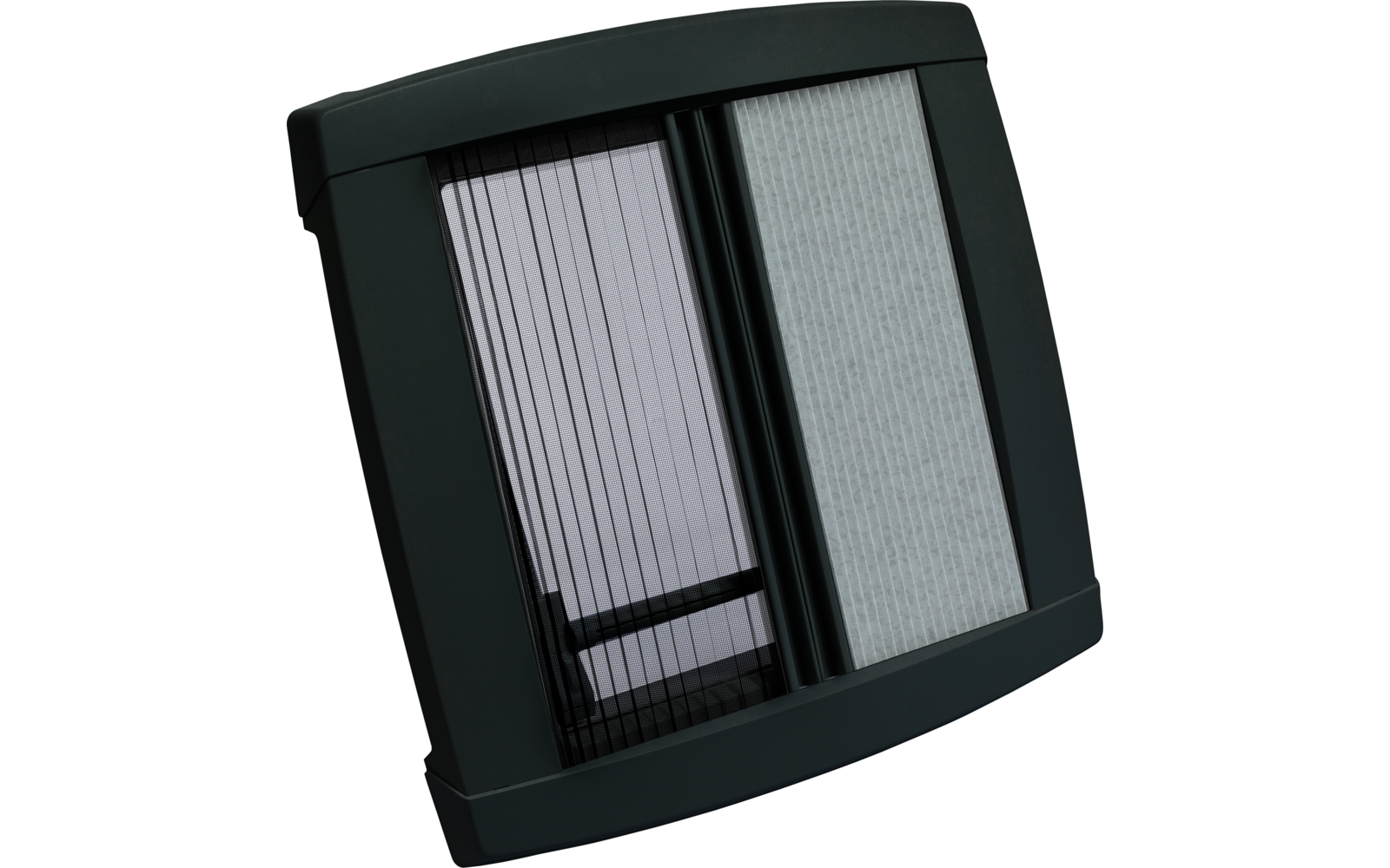 Black square device with two rectangular panels, one with vertical lines and the other smooth