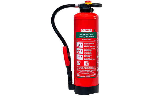 Rode brandblusser met zwarte slang, zwart handvat, gele beveiligingspen bovenop en wit etiket met GLORIA