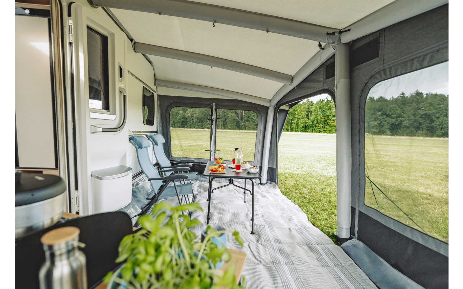 Vista del interior de una tienda anexa a una autocaravana: alfombra en el suelo, dos sillas de camping azules, mesa pequeña con bebidas, planta en maceta en primer plano, ventana lateral abierta con vista a un prado y árboles