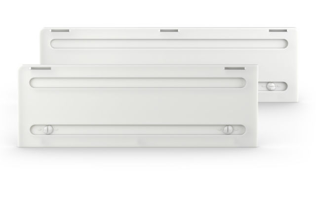 Zwei weiße, rechteckige Kunststoffhalter mit Schiebereglern, übereinander angeordnet