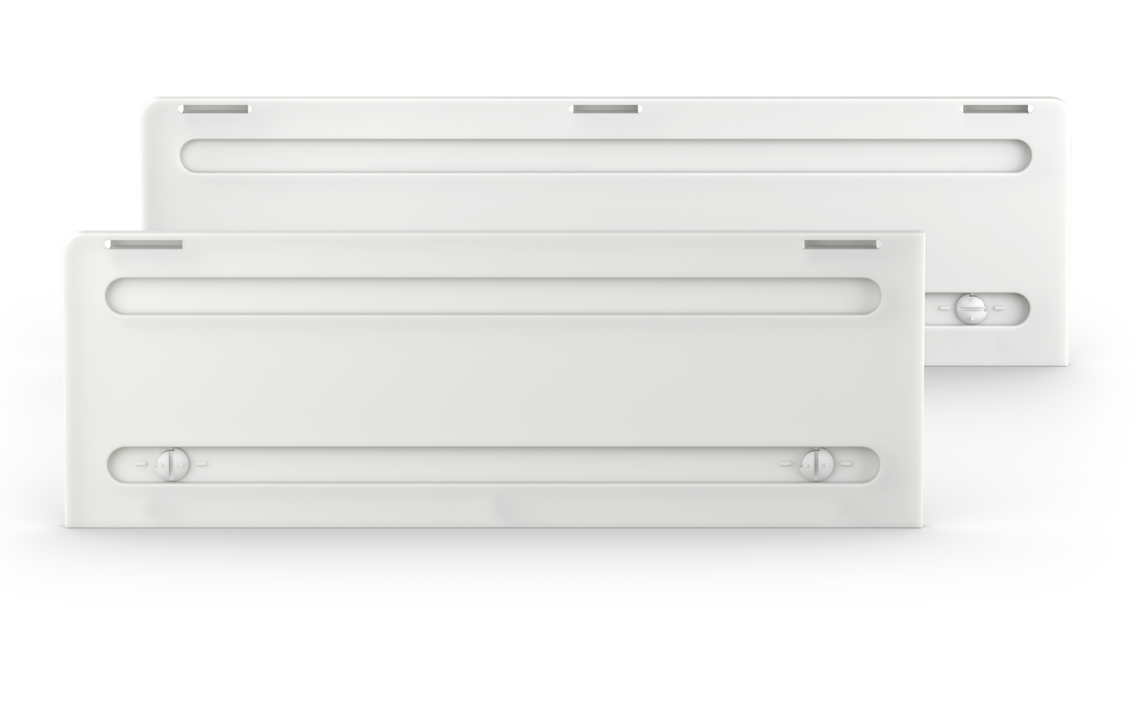 Zwei weiße, rechteckige Kunststoffhalter mit Schiebereglern, übereinander angeordnet