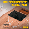Ein weißes Smartphone mit schwarzem Display und ein braunes Tablet mit schwarzem Display liegen auf einem weißen Untergrund. Oben steht der Text 'UNÜBERTROFFENE HALTBARKEIT'. Unten rechts ist das Logo 'Aqila'
