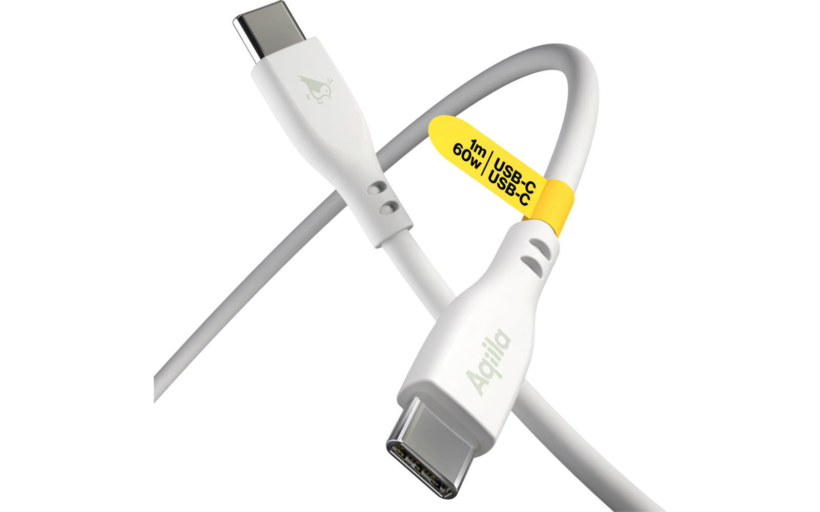 Nahaufnahme eines weißen USB-C-Ladekabels mit einem kleinen gelben Aufkleber am Stecker