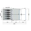Schematische Draufsicht eines rechteckigen Grundrisses mit zwei Abteilen, sechs dunklen Menschensilhouetten links, einer Mittellinie und mehreren Maßangaben in Zentimetern