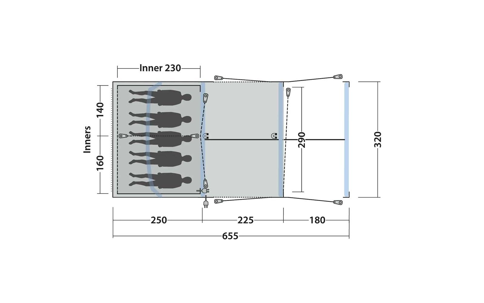 Schematische Draufsicht eines rechteckigen Grundrisses mit zwei Abteilen, sechs dunklen Menschensilhouetten links, einer Mittellinie und mehreren Maßangaben in Zentimetern