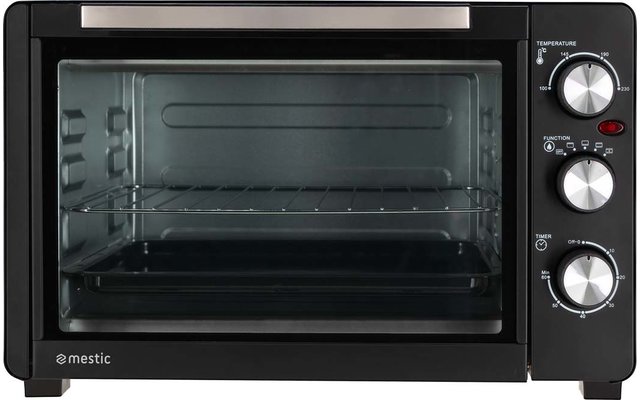 Four électrique noir avec porte en verre, à l'intérieur avec deux plaques de cuisson