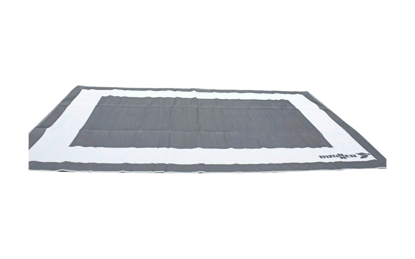 Rechteckiger Teppich mit dunkelgrauem Mittelteil und weißem Rand auf weißem Hintergrund