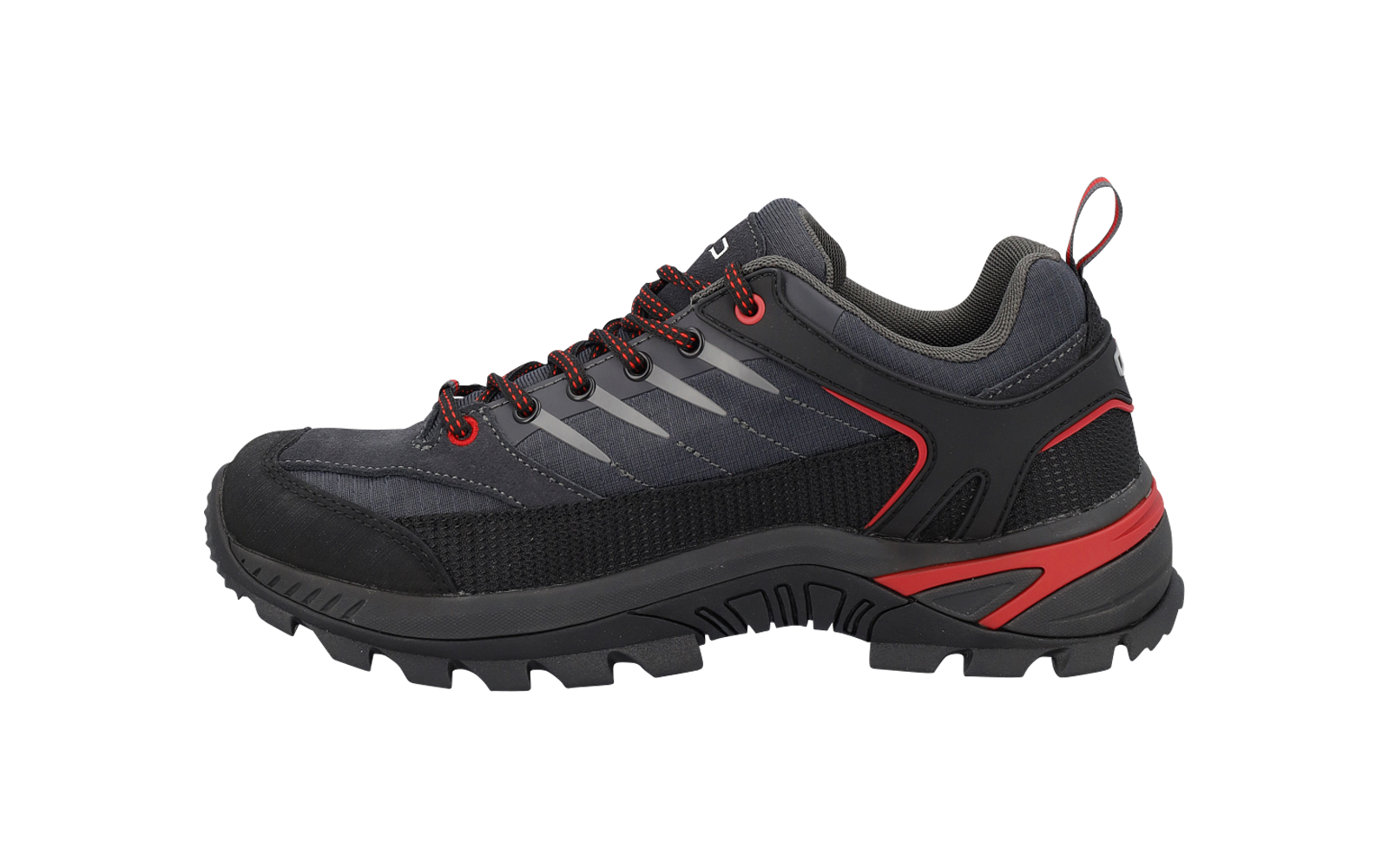 Vista laterale di una scarpa stringata grigio scuro con dettagli rossi, inserti in rete, lacci, anello sul tallone e suola in gomma dentellata