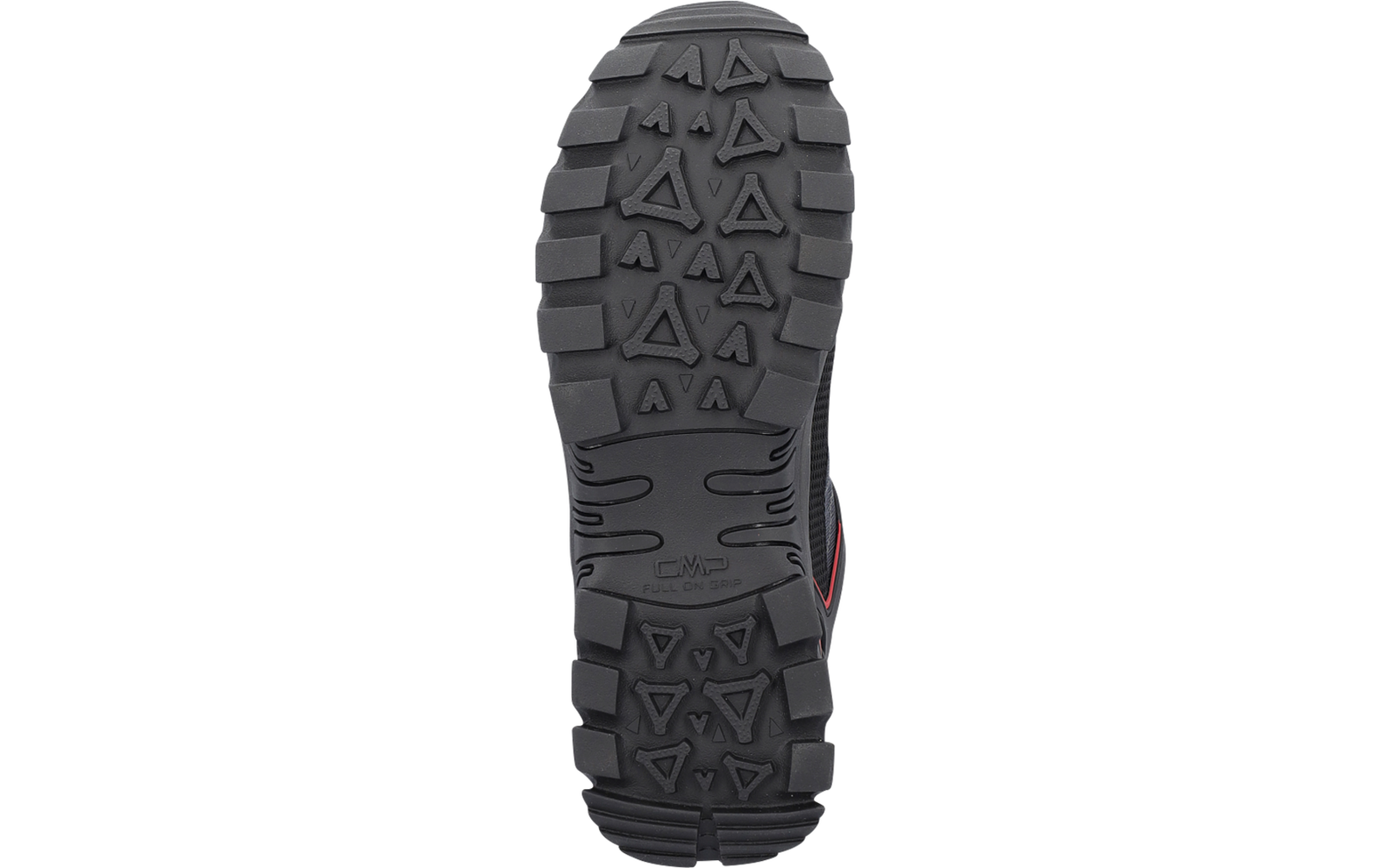 Parte inferiore di una suola di scarpa nera in gomma con battistrada a triangoli, scanalature, una striscia rossa sul lato e la scritta "CMP" al centro