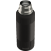 Schwarze, zylindrische Trinkflasche mit offenem silbernem Edelstahlmundstück und SIGG-Logo nahe der Basis