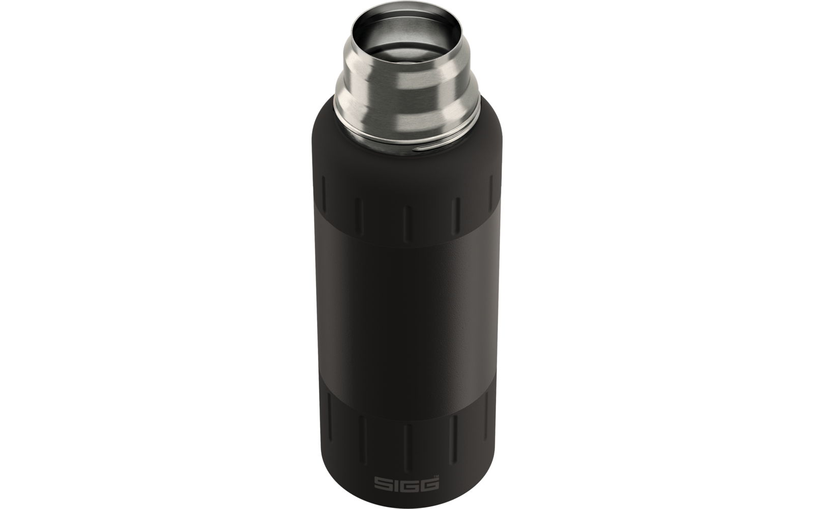 Schwarze, zylindrische Trinkflasche mit offenem silbernem Edelstahlmundstück und SIGG-Logo nahe der Basis