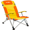Yellow-orange folding chair with grey metal frame, armrests and 'BRUNNER' logo on the headrest