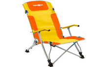 Yellow-orange folding chair with grey metal frame, armrests and 'BRUNNER' logo on the headrest