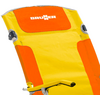 Yellow-orange chair with white "BRUNNER" logo on the headrest, orange padded sections, visible silver metal frame and armrests