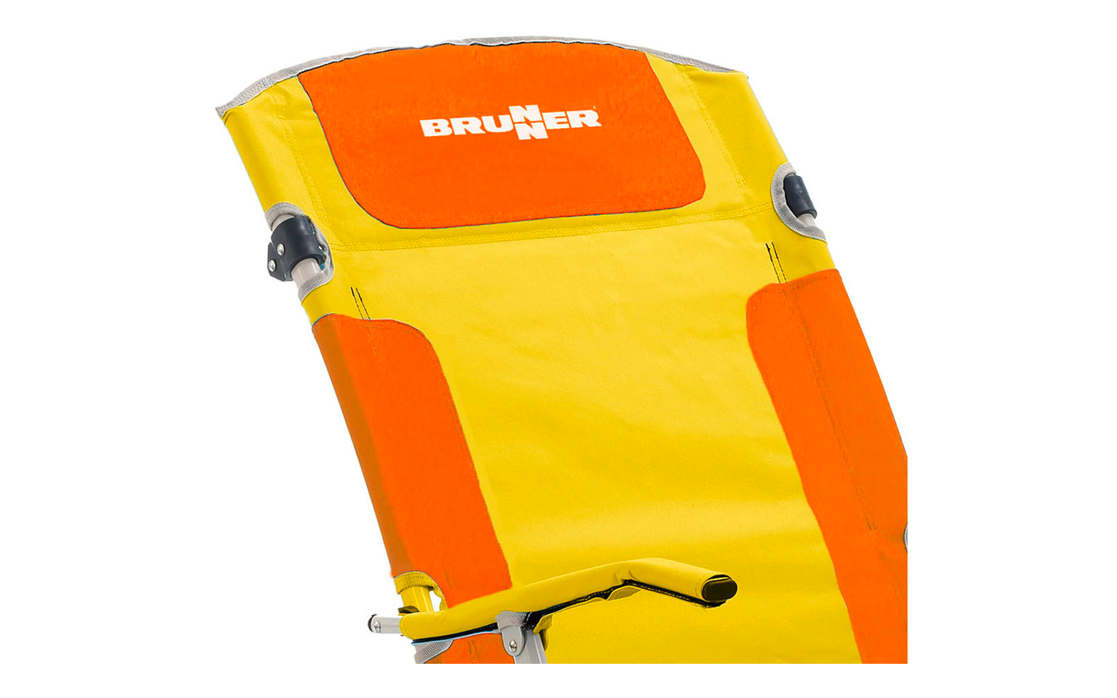 Yellow-orange chair with white "BRUNNER" logo on the headrest, orange padded sections, visible silver metal frame and armrests