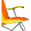 Partial view of an orange-and-yellow folding chair with a padded yellow armrest cover and a silver metal frame on a white background