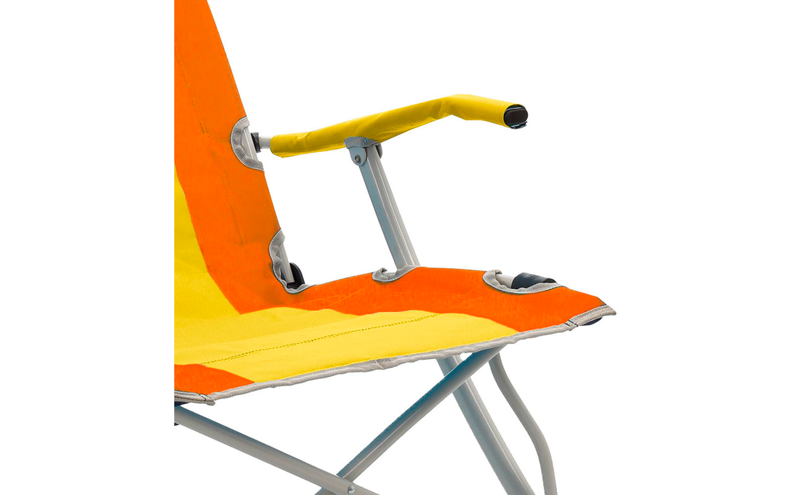 Partial view of an orange-and-yellow folding chair with a padded yellow armrest cover and a silver metal frame on a white background