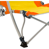 Close-up of an orange and yellow fabric seat attached to a gray metal frame with a black plastic foot