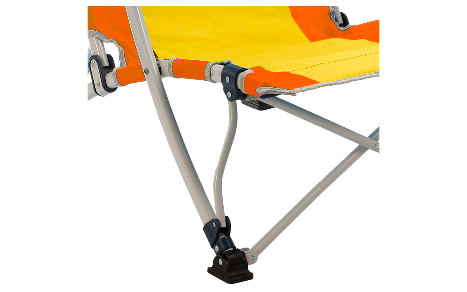 Close-up of an orange and yellow fabric seat attached to a gray metal frame with a black plastic foot