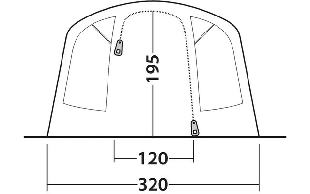 Vorderansicht eines kuppelförmigen Zeltes mit zwei seitlichen Fenstern und einem zentralen, mit Reißverschluss dargestellten Eingang; Maße 195 (vertikal), 120 und 320 (horizontal) sind eingezeichnet