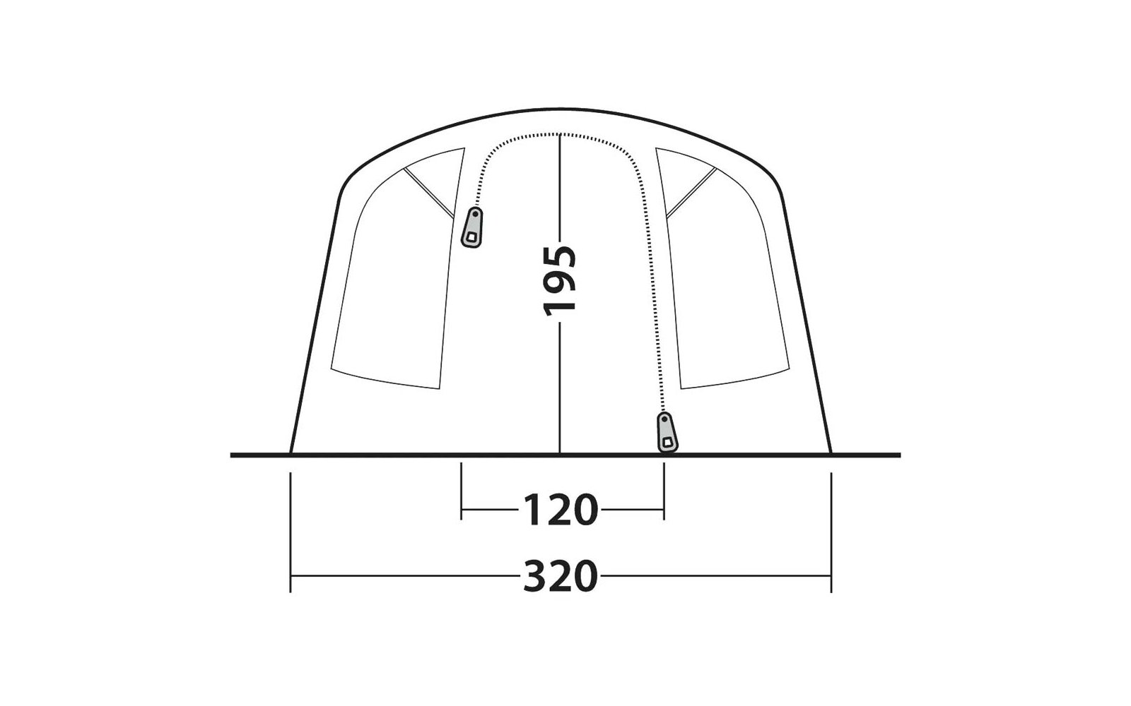 Vorderansicht eines kuppelförmigen Zeltes mit zwei seitlichen Fenstern und einem zentralen, mit Reißverschluss dargestellten Eingang; Maße 195 (vertikal), 120 und 320 (horizontal) sind eingezeichnet