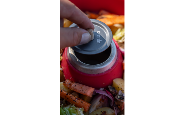 Des doigts tiennent un couvercle métallique rond au-dessus de l'ouverture d'un récipient rouge, entouré de morceaux de carotte, de feuilles de chou et de tranches d'oignon rouge