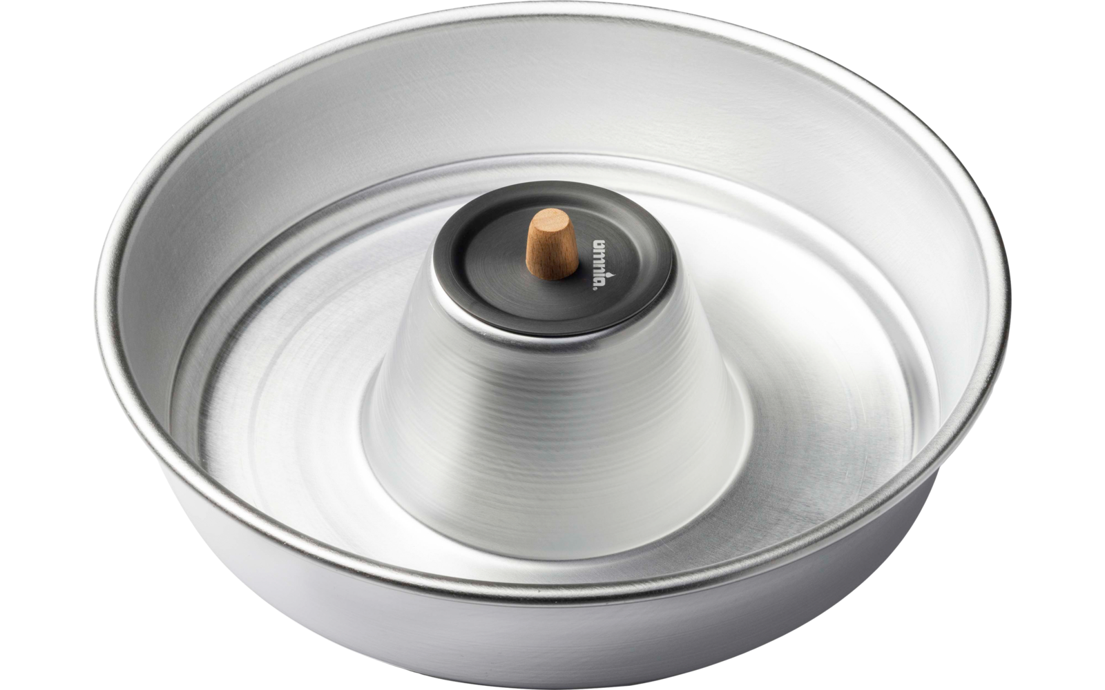 Moule rond en métal argenté avec tube central conique et couvercle noir surmonté d'un petit bouton en bois, sur fond blanc