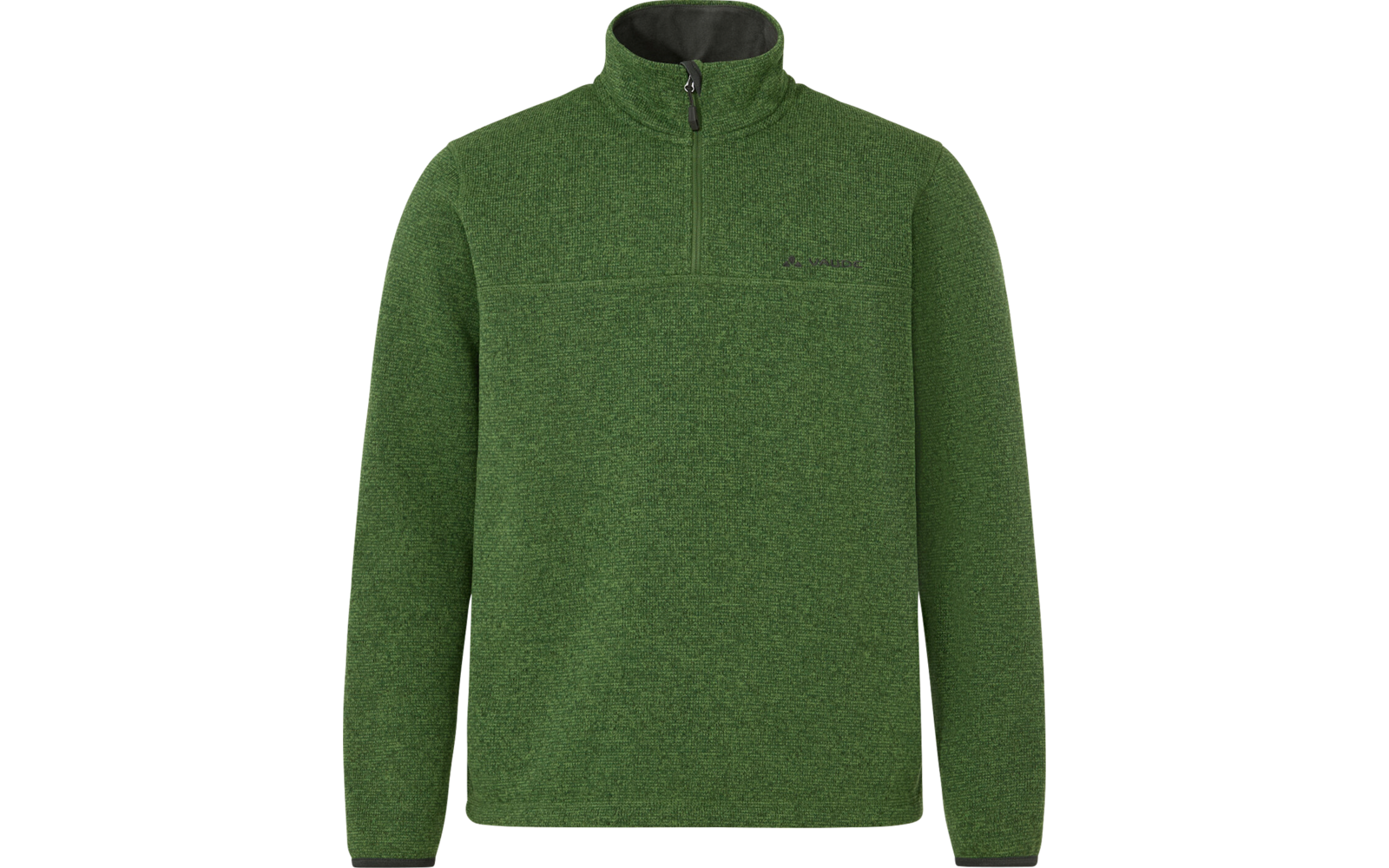 Grüner Fleecepullover mit Halb-Reißverschluss, Stehkragen, langen Ärmeln, feiner Struktur und kleinem Logo auf der linken Brust