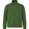 Grüner Fleecepullover mit Halb-Reißverschluss, Stehkragen, langen Ärmeln, feiner Struktur und kleinem Logo auf der linken Brust