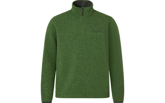 Grüner Fleecepullover mit Halb-Reißverschluss, Stehkragen, langen Ärmeln, feiner Struktur und kleinem Logo auf der linken Brust