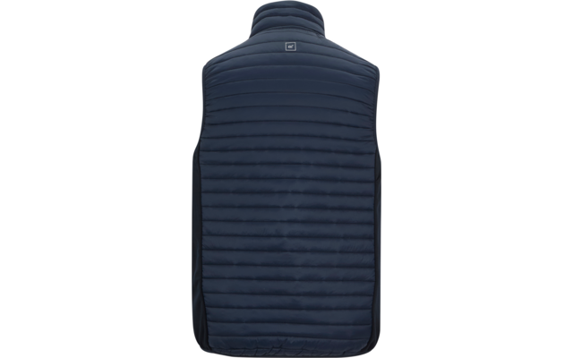 Donkerblauw doorgestikt mouwloos gilet, achteraanzicht, horizontale naden, klein vierkant logo bij de hals