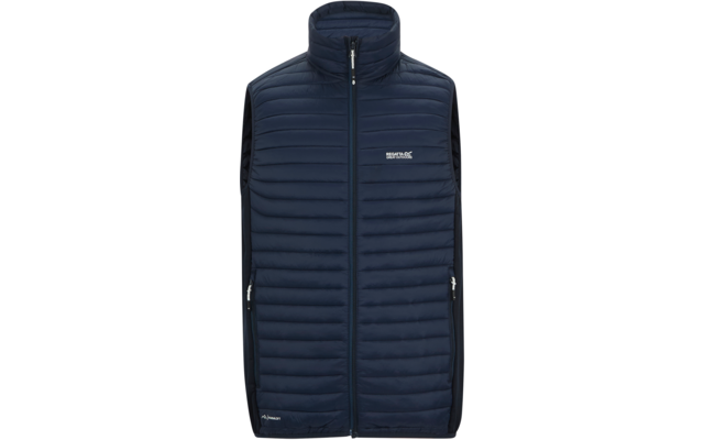 Donkerblau doorgestikte mouwloze bodywarmer met opstaande kraag, centrale ritssluiting, ritssluitende zijzakken en borstlogo