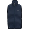 Donkerblau doorgestikte mouwloze bodywarmer met opstaande kraag, centrale ritssluiting, ritssluitende zijzakken en borstlogo