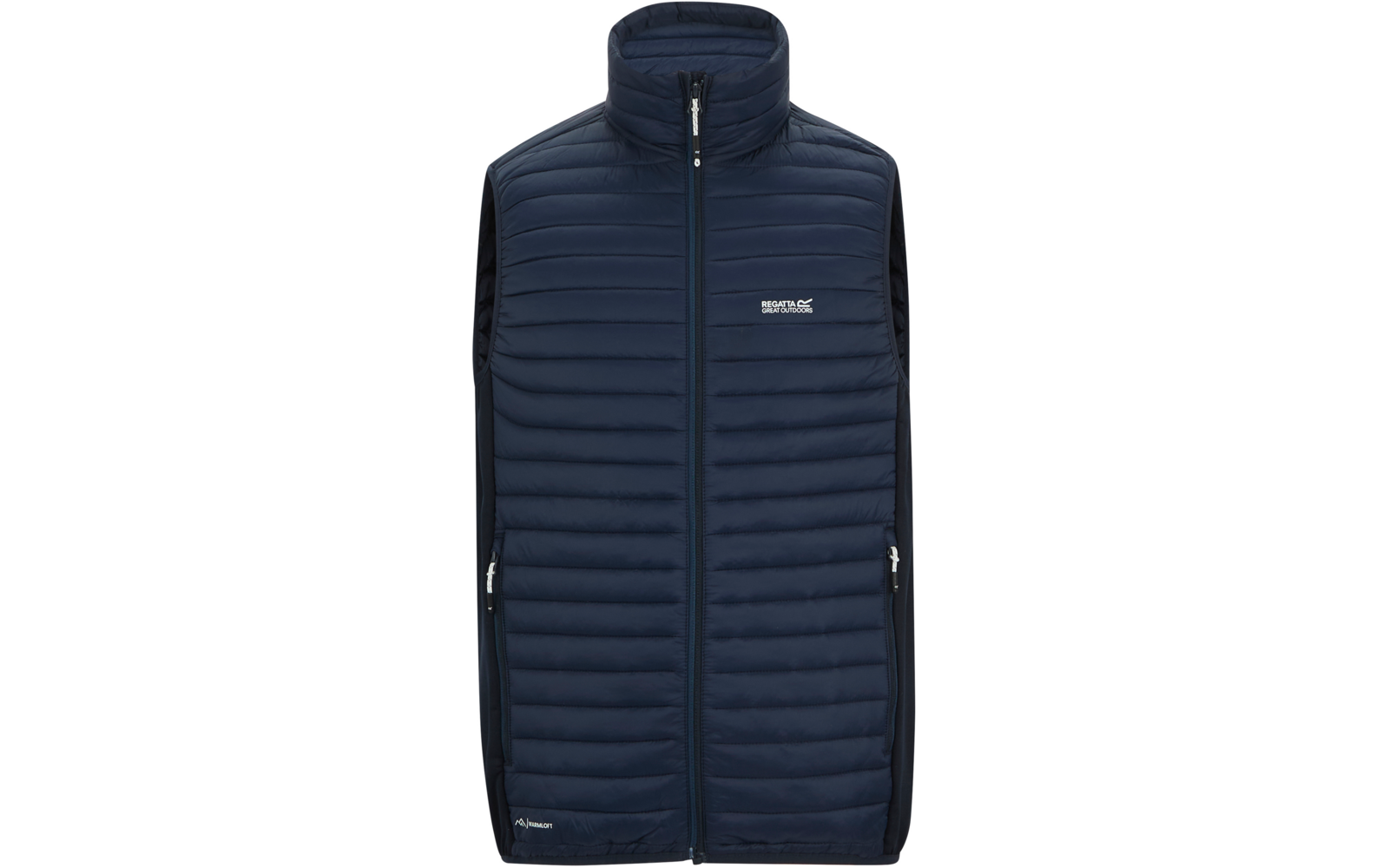 Donkerblau doorgestikte mouwloze bodywarmer met opstaande kraag, centrale ritssluiting, ritssluitende zijzakken en borstlogo