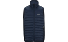 Donkerblau doorgestikte mouwloze bodywarmer met opstaande kraag, centrale ritssluiting, ritssluitende zijzakken en borstlogo