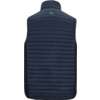 Donkerblauw doorgestikt mouwloos gilet, achteraanzicht, horizontale naden, klein vierkant logo bij de hals