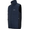 Donkerblauwe doorgestikte mouwloze bodywarmer met ritssluiting over de volle lengte, opstaande kraag, gladde zijpanelen en wit logo op de linkerborst