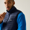 Persoon draagt donkerblau gewatteerde bodywarmer over een blauw fleece, houdt de rits bij de kin vast, kijkt opzij, egale lichte achtergrond