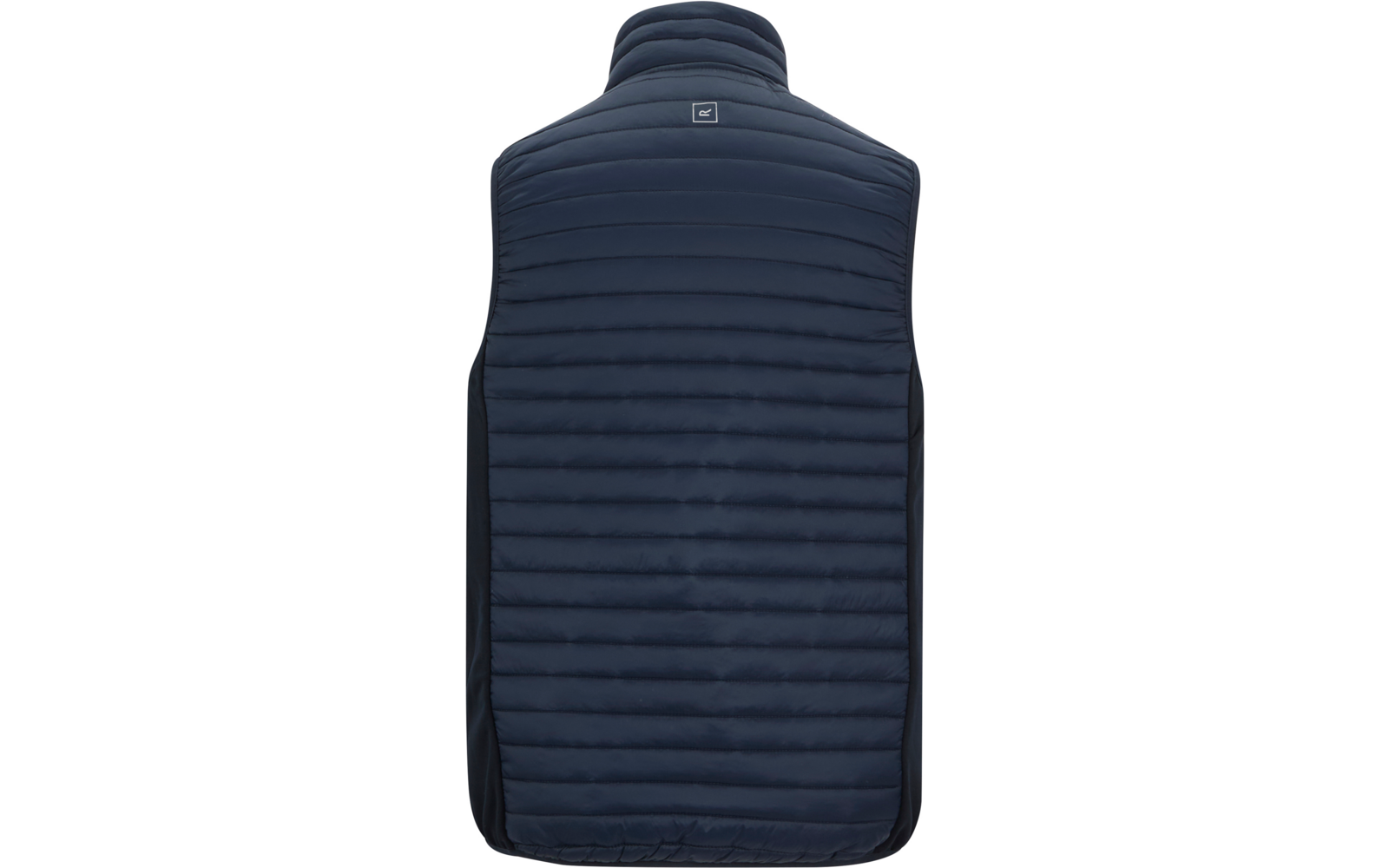 Donkerblauw doorgestikt mouwloos gilet, achteraanzicht, horizontale naden, klein vierkant logo bij de hals