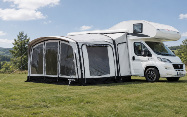 Camper bianco con veranda montata con grandi finestre trasparenti, su un prato, alberi e cielo azzurro sullo sfondo