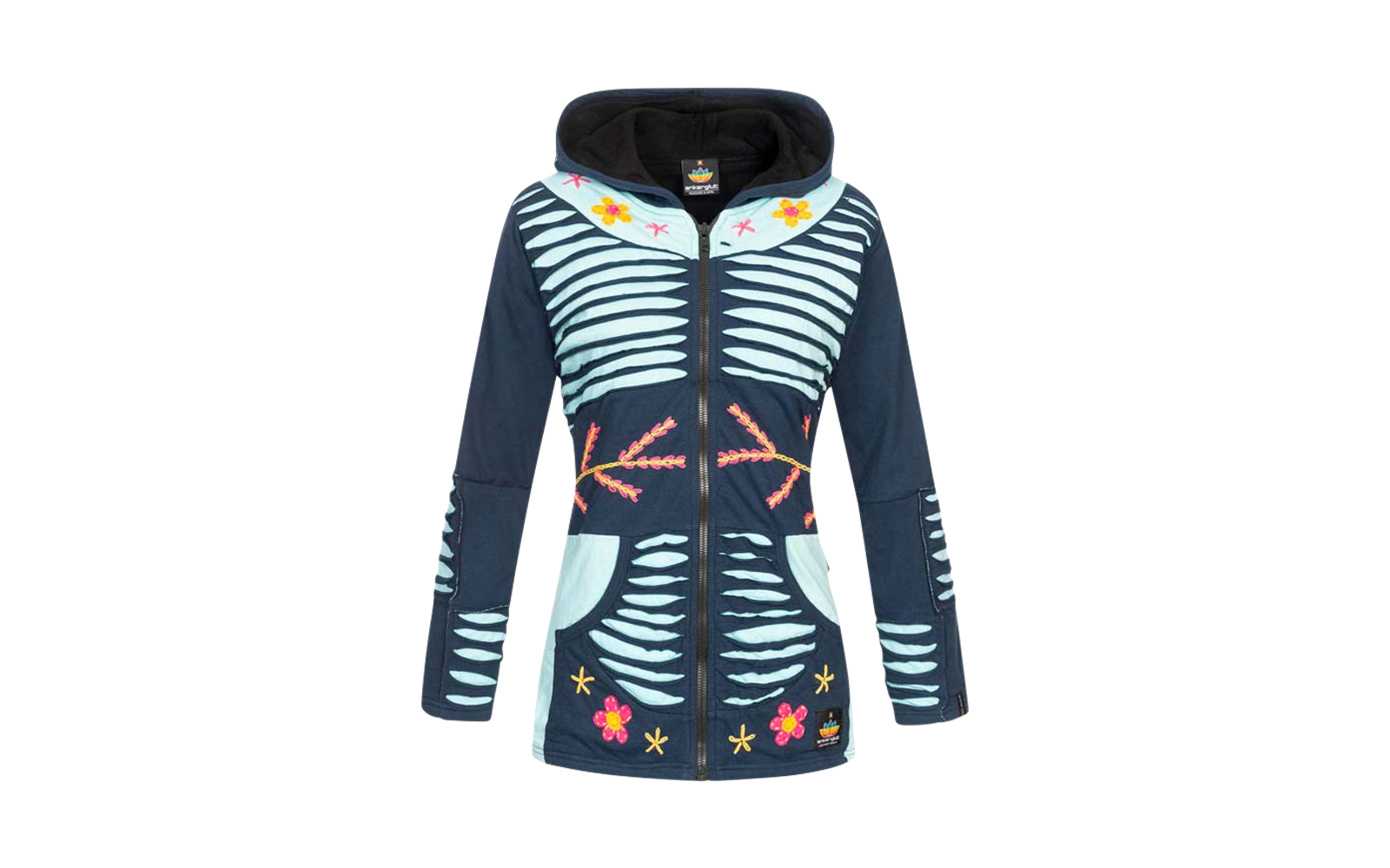Dunkelblaue Kapuzenjacke mit Reißverschluss und hellblauen Skelett- und Blumendesigns