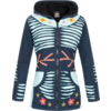 Dunkelblaue Kapuzenjacke mit Reißverschluss und hellblauen Skelett- und Blumendesigns