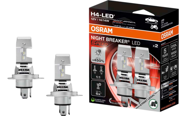 Zwei silberne H4-LED-Autolampen neben einer schwarzen und roten Produktverpackung mit OSRAM-Logo