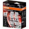 Verpackung mit zwei silbernen LED-Scheinwerferlampen vor schwarz-orangefarbener Gestaltung, Aufdruck 'OSRAM', 'NIGHT BREAKER LED' und 'H4-LED'