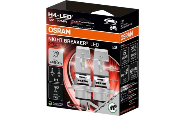 Verpackung mit zwei silbernen LED-Scheinwerferlampen vor schwarz-orangefarbener Gestaltung, Aufdruck 'OSRAM', 'NIGHT BREAKER LED' und 'H4-LED'