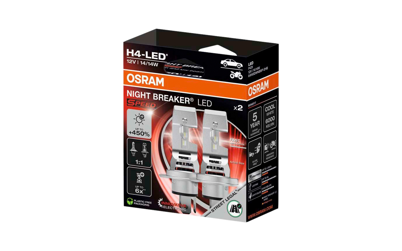 Verpackung mit zwei silbernen LED-Scheinwerferlampen vor schwarz-orangefarbener Gestaltung, Aufdruck 'OSRAM', 'NIGHT BREAKER LED' und 'H4-LED'